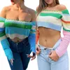 Kvinnors t-shirt kvinnor stickade skördetoppar vuxna utanför axeln kontrastfärg långärmad båthals trackoverwomen's