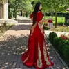 Modern Moroccan Caftan Red Velvet Evening Dresses With Detachable Skirt Side Slit Arabic Dubai Kaftan Celebrity Party Formal Gowns 2022 Women Special Occasion Wear