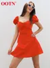 Ootn High Street Summer Dress Square Neck Sleeve Mulheres Slim Dress Orange A-Line Ruched Button Holiday Mini Dress Elegant 220511