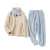 Fleece-Pyjama-Set für Damen, solide Langarm-Winter-Terry-Damen-Pijama-Anzug, 2 Stück mit Hosen, dicke warme Heimkleidung, weiblich 220329