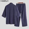 Japonês Mens Kimono Pijamas Conjuntos Masculino Vestido de Robe 2 Pçs / Set Roupão de Roupão Sleepwear Loose Homem Algodão Confortável 5XL W220331