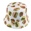 Geniş kenarlı şapkalar Hamburger patates kızartması Pizza baskılı kova şapka 2022 kadın rahat iki taraflı Polyester açık havada yaz balıkçı güneşlikli kep