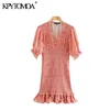 Kpytomoa dames chique mode bloemenprint elastische gesmokte mini schede jurk vintage v nek gegolfde vrouwelijke jurken vestidos t200613