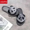 Asifn Women Fur Slides Cute Panda Slippers Fashion Outdoor Wear Flat Bottom inomhus Hem Söta Fashion Ins Style Sandaler Kvinna G220730