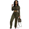 Fall Winter Women Tracksuits Two Piece Set Designer Solid Color Leisure Pleated Long Sleeve Crop Top And Wide Leg Pants Outfits