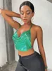 Sruby Sexy Party Crop Top Sequined Halter Kvinnor Sommar Beach Club Backless See Through Ladies s 220318