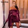 Kvinnor Elegant Slash Neck Party Club Evening Bodycon Mesh Velvet Red Mini Dress 2022 Vår Höstkläder Partihandel Produkt Y220413