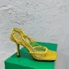 2022 mulheres salto alto sparkle estiramento sandálias chinelos moda couro strass malha sandália slides topo designer senhoras festa de escritório casamento