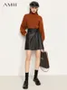 Amii Minimalism Autumn Black Skirts For Women Office Lady Leather High Waist Sashes Aline Pocket Bottom 12130342 220322