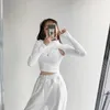 Hollow Knitted Crop Tops Women Fitness Fake Two-piece T-shirt Female Black White Long Sleeve Tops 220408