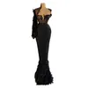 Black Mermaid Evening Dresses V Neck One Long Feather Sleeve Open Back Feather Train Floor Length Sparkling Beaded Appliques Sequins Prom Dress Vestidos Festa