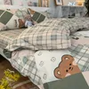 Grid Splicing Printing Bedding Set A/B Double-sided Bear Pattern Bed Duvet Cover Set 3/4pcs with Pillowcase for All Seasons