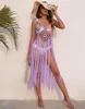 Roupa de banho feminina 2022 Vestido de praia longo com borla Mulher sexy crochê com franja vazada Biquíni encobrir maiô encobrimento bodycon tricô sol