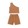 Children Girls Short Clothing Sets Sleeveless One-Shoulder Suspender Top Shorts 2Pcs/Set Solid Kids Outfits