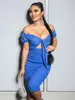 Glamaker Blue Off Shoulder knuten på bröstet Bodycon Club Dress Women Summer Skinny Midi High midja Ruched Vestido 220602