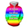 DIY Custom Full Printing 3D Hoodies Create Design P O Du vill ha mönster Personlig anpassad dragkedja Sweatshirts Oversize CoA 220708