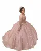 2021 Sexy Blush розовый блестящий блестящий мяч платья кулака QuinceAnera платья свадебные платья иллюзия шнурок Корсет полые спинки с длинными рукавами Сладкое 16 платье с цветами