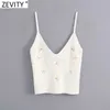 Zevity Women Fashion Floral Embroidery Camis Tank Topps Summer Wear Female V Neck Sticke Casual Sling Vest Crop Tops LS6984 210603