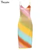 Yiallen Новое многоцветное принт Midi платье Женские V-образные спагетти рукавиц Slim Streetcon Streetwear Party Платье для отдыха Y220526