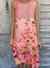 Casual Dresses Summer O-Neck Loose Party Dress Vintage Flower Printed Patchwork Straight Midi Women Elegant Sleevelss Beach
