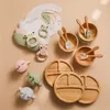7Pcs Wooden Feeding Tableware Sets Kids Feeding Supplies Bamboo Dishes with Silicone Straw Cup Children Dinnerware Gift Set 220805