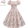 Zomerjurk vrouwen puff mouw swing vintage jurken gewaad femme elegante bloemenprint pin up feest jurken 220504