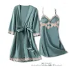 Damen-Nachtwäsche, sexy, rückenfrei, 2-teilig, Robe-Set für Frauen, Satin, Spitze, Patchwork, Kimono, Bademantel, Kleid, seidig, NightyRobe, weiche Intimwäsche