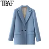 Women TRAF Chic Office Lady Double Breasted Blazer Vintage Coat Fashion Notched Collar Long Sleeve Ladies Outerwear Stylish Tops 220402