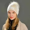 ウールの帽子帽子女性本物の天然アライグマファーポム帽子の女の子女性ウールニットビーニーウィンターハットとラインストーンJ220722