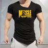 Muscleguys Brand Letters Print Mens Tshirts Fitness Gyms Clothing Workout v Neck Tshirt Cotton Bodybuilding T Shirt Men 220621