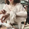 V- 넥 섹시 셔츠를 통해 Boho Mesh Blouse 여름 프릴 플레어 슬리브 우아한 Peplum Tops Ruffles Ladies Blusas 13459 220516