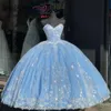 Блинчатые блески слоновой кости аппликация Quinceanera платья светло -голубое без бретелек Корсет без спинки