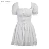 Japanese Lolita Princesa Black Gótico Sexy Mini Menina Vestido Kawaii Cantura High Puff Sleeve Lace Ruffles Branco Robe Mulheres 226014