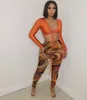 Bandage Two Piece Set Sexy V Neck Lace Up Crop Top Print Sheer Mesh Pant Suits Club Party Tracksuit Women Festival Outfits Y2K 220812