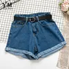 Yuoooooo todos combinam faixas casuais shorts jeans crimpando a cintura alta jeans feminino feminino chic ladies inferior 220622