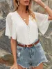 Frauen Blusen Shirts YOSE Elegante Dobby Bluse Frühling Sommer Lange Flare Hülse V-ausschnitt Sheer Damen Sexy Frau Top 2022 frauen