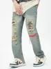 Jeans pour hommes rétro brodés hommes de style américain High Street Hole lavé le pantalon en jean droit Malemen's