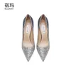 Famous brand 2022 New Real Leather Women's High Fashion Pumps Shallow Pointed Toe Thin Heel Glitter Evening Dress Shoes 10cm Designer Classic luxury