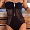 Women's Swimwear Black Vintage One Piece Swimsuit Women 2022 Splicing Mesh Sheer Monokini Zipper Bathing Suit Push Up Bodysuit BeachwearWome