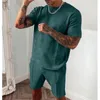 Herren-Trainingsanzüge, Herren-Sportanzug, einfarbig, lockerer Sommer, kurzärmeliges Rundhals-T-Shirt, mittlere Taille, gerade Shorts, 2-teiliger Anzug für Herren