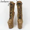 Sorbern Sexy Leopard Booties voor Vrouwen Heelloos Laarzen Platform Shoe Stripper Pole Dance Boot Lace Up Punk Shoes Aangepaste kleur