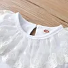 Kleidung Sets Frühling Baby Mädchen Kleidung Set Langarm Spitze Kragen Weiße Tops Rote Hosenträger Shorts 2 stücke Mädchen Outfits party Kinder S