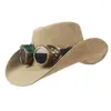 Bérets 100% cuir hommes Steampunk Western Cowboy chapeau Gentleman papa Punk lunettes Fedora Sombrero Hombre casquettes taille 58-59CMbérets