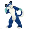 Costume della mascotte del cane Husky blu con pelliccia lunga di Halloween Personaggio dei cartoni animati a tema anime Carnevale Abito unisex per adulti Festa di compleanno di Natale Abito da esterno