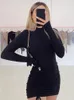 Julissa Mo Long Sleeve Ruched Bodycon Dress Women Turtleneck Bandage Mini Dresses Autumn Black Skinny Stretchy Party Vestidos 220521