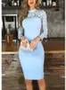 Party Dresses Elegant Light Blue Knee Length Cocktail Prom Dress High Neck Lace Sheath Long Illusion Sleeves Homecoming PartyParty