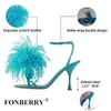 FONBERRY 41 Size Ostrich Feather High Heels Sandals Women Summer Designer Ladies Party Stripper Flip Flops Shoes 220720