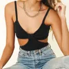 Sexy Frau schwarz schlank aushöhlen Bodys Sommer Mode Damen stricken Baumwolle Schlinge weibliche weiche solide 210515