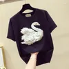 Women's T-Shirt Heavy Industry Embroidered Three-dimensional Swan Women Summer Diamond Sequins Loose Top Tees
