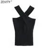 Zevity Women Chic Sexy Cross Strap Black Knitting Camis Tank High Street Ladies Summer Slim Crop Tops SW835 220519